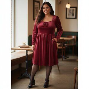 Ava & Viv Velvet Romantic Dress - 3D Rose Detail - Wine Red - XXL - NWT